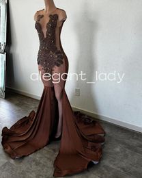Brown Chocolate Long Trumpet Evening Birthday Gala Dresses for Black Girl 2024 Luxury Diamond Crystal Slit Prom Reception Gown