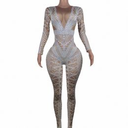 sexy White Glitter Jumpsuit Womens Rhineste Costume One Piece Nightclub Outfit Party Wear Dance Singer Stage Outfit Baisanjiao h2tH#