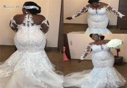 2020 African Mermaid Wedding Dress Sheer Neck White Sexy Black Girls Lace Appliques Long Sleeves Plus Size Bridal Dresses1330142