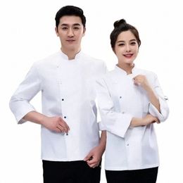 chef Women Logo White Uniform Restaurant Sleeve Cook Coat Waiter T-shirt Clothes Work Hotel Baker Lg Jacket O9bL#