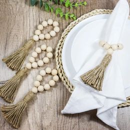 12PCS Natural Wood Beads Table Art Napkin Rings Setting Jute Tassels Designed Serving Dinner Cloth Holders Wedding Party Kitchen 240319