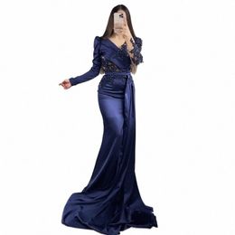 eightale Mermaid Evening Dres with Lg Sleeves V-Neck Appliques Beaded Satin Pleats Arabic Formal Prom Party Gowns 2022 A33C#