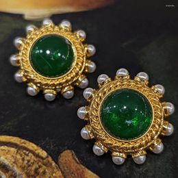 Stud Earrings French Women Vintage Green Glass Elegant Mediaeval Court Style