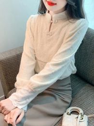 Women's Blouses Plush Elegant Blouse Women Winter Thick Tops Fashion Stand Collar Vintage Chinese Panbuckle Lace Chiffon Shirt