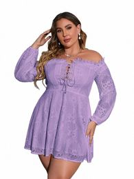 cinemore Plus Size Dres for Women Sexy Off Shoulder Lace Up A Line Mini Lace Dr Chic Elegant Woman Dr Lg Sleeves 1102 v67N#