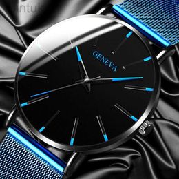 Wristwatches 2024 Geneva Minimalist Watch Men Ultra Thin Blue Stainless Steel Mesh Belt Watches Man Business Casual Quartz Wrist Watch 24329