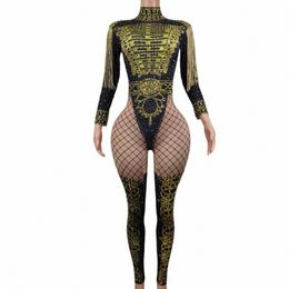 luxury Outfit Dance Stage Show Nightclub Costume Singer Jumpsuits Wear Glisten Black Gold Crystals Bodysuit with Tassel Napolun I8ZQ#