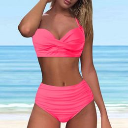 Women's Swimwear Sexy Wrinkled Tankini Sets For Women Classic Solid Color Spaghetti Strap 2pcs Bikini Swimsuit Aloha Seaside Beachwear