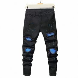 2023 Men's Jeans Cool Ripped Skinny Trousers Stretch Slim Denim Pants Patchwork Hip Hop Black Blue Casual Jogging Jeans for Men 82dC#