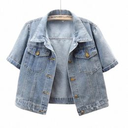 houzhou 2024 Summer New Versatile Casual Short Sleeve Denim Coat Women Short Thin Top Outdoor Small Shawl Jacket cropped Korean x08f#