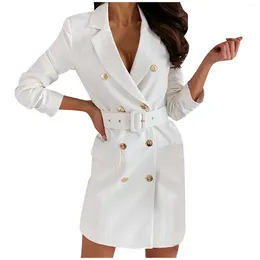 Casual Dresses Women Blazer Dress With Belt 2024 Spring Elegant Office Ladies Long Sleeve Work Party White Solid Color Formal