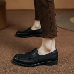 Casual Shoes Genuine Leather Cowhide Women Flat Lazy Slip-On Vintage Loafers European Walk Round Toe Spring Woman