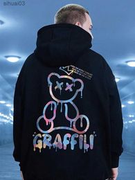 Men's Hoodies Sweatshirts Street graffiti bear print mens wool hoodie retro autumn casual floral hoodie hip-hop Y2K hoodieL2403