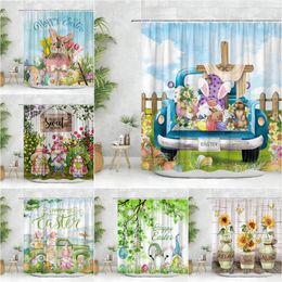 Shower Curtains Spring Gnome Curtain Easter Egg Farm Flower Truck Butterfly Bird Sunflower Cartoon Cute Print Bathroom Decoration