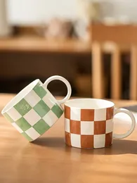 Mugs Retro Chessboard Grid Glass Japanese Ceramics Coffee Milk Cup Household Kitchen Handle Simple Home Daily Korean