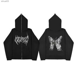 Men's Hoodies Sweatshirts Butterfly Y2K Gothic full face zippered retro hip-hop hoodie and sweater oversized Harajuku street womens and mens clothingL2403