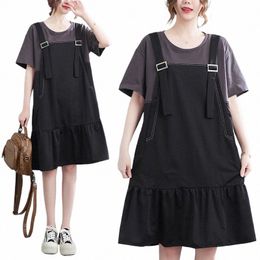 160kg Bust 160 Large Size Women's Summer New Loose Short Sleeve Fake Two Piece Strap Dr Black 6XL 7XL 8XL 9XL 10XL b7Yj#