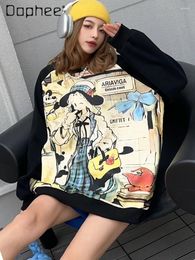 Women's Hoodies Spring Autumn Color Contrast Patchwork Tie-Dyed Graffiti Cartoon Pullover Women Mid-Length Loose Casual Round-Neck Top