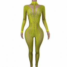 woman Rhinestes Pattern Printing Tights Yellow Jumpsuit Turtleneck Lg Sleeve Leotard Party Evening Costume Stage Wear Lianti q8LF#