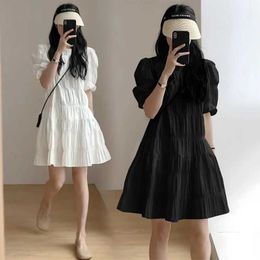 Maternity Dresses Black white short pregnant woman summer chiffon dress puff pajamas O-neck pregnant woman pleated dress elegant pregnant woman mini dressL2403