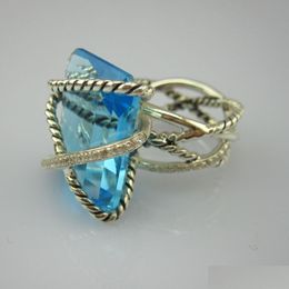 Solitaire Ring Luxury 925 Sterling Sier Rings 20X15Mm Blue Topaz Wrap Gemstone Jewelry Rose Quartz Black Onyx Drop Delivery Dhkbu