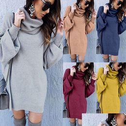 Women'S Sweaters Women Knitting Dress Fashion Sweater Winter Loose Turtle Neck Knitted Long Sleeve Solid Color Top Autumn Female Drop Dhajv