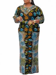 vonda Plus Size Women Maxi Lg Dr 2024 3/4 Puff Sleeve Vintage Printed Party Dr Autumn Sundr Casual Loose Vestidos 55Z7#