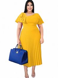 4xl Dres for Women Plus Size Irregular Short Sleeve High Waist Pleated Green Yellow Office Evening Party Gowns Outfits 2023 q3Wd#