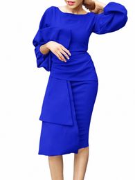 plus Size Spring New Solid Colour Hip Wrap Round Neck Bubble Sleeves Fiable And Elegant Slim Fit High Waist Mid Length Dr p9nx#