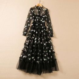 XXL Black Skirt Children's Spring/Summer 2023 New Mesh Embroidered Flower Long Sleeved Dress 839957