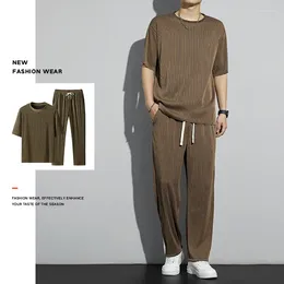 Men's Tracksuits Ice Silk Sports Suit Summer Thin 2024 Casual Long Pants Short-sleeved T-shirt Quick Dry Clothes Set Tracksuit Men 4XL