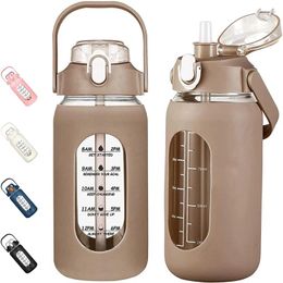Water Bottles 1000ML Glass With Straw Bottle Silicone Sleeve And Time Marker For Gym Home Office