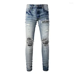 Men's Jeans Blue Distressed Streetwear High Stretch Bandanna Patchwork Holes Moustache Slim Fit Ripped EU And US Drips Men