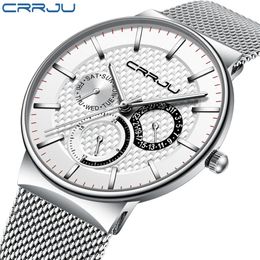 Mens Watches CRRJU Top Brand Luxury Waterproof Ultra Thin Date Clock Male Steel Strap Casual Quartz Watch White Sport WristWatch L276j