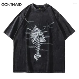 Men's T Shirts Hip Hop Tshirt Streetwear Men Skeleton Skull Printed Distressed Shirt 2024 Summer Harajuku Oversize Washed T-Shirt Top Tees