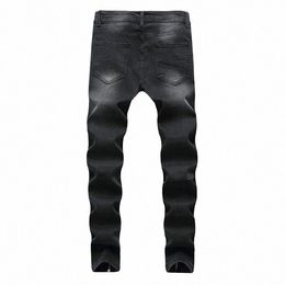 wholesale 2020 Fi Wing Casual Dark Grey Distred Ripped Hole Pleated Snow Motorcycle Biker Zipper Leg Skinny Jeans Men j1v9#