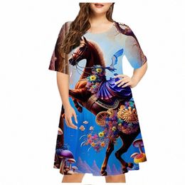 streetwear Fi Women 3D Horse Print Dr Elegant Sweet Casual O-Neck Short Sleeve Mini Dr Summer Plus Size Dres 6XL u5oh#