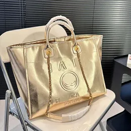 Shiny Leather Women Designer Beach Shopping Bag with Top Handle Embossed Letters Gold Buckle Matelasse Chain Large Capacity Travel Shoulder Handbag Tote 38x31cm