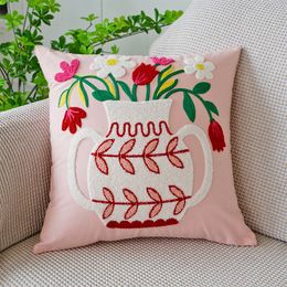 flower bottle embroidered pillowcase 45X45cm cotton canvas cushion cover
