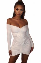 spring deep v-neck drawstring pleated hip dres lg-sleeved tight dr p66H#