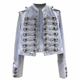 retro Military Style Handsome Stand Collar Denim Jackets Female Double-breasted Wild Slim Short Denim Jackets Women Outerwear P1oX#