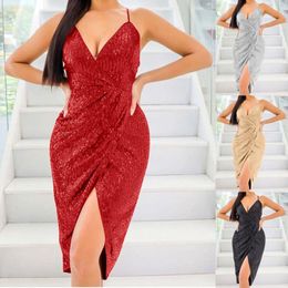 Casual Dresses Sexy Sequin Bodycon For Women Straps V Neck Backless Party Nightclub Dress Elegant Side Slit Evening Gown Vestidos