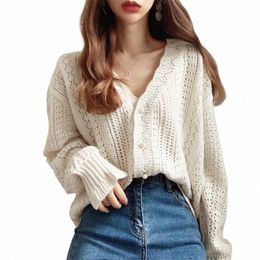 2024 Women Spring Summer Sweater and Cardigans Low V-Neck Knit Tops Lg Sleeve Hollow Out Sexy Cardigan Loose White Tops H0aI#