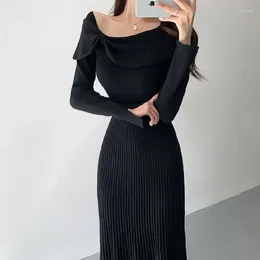 Casual Dresses 2024 Women Elegant Solid Pleated High Waist Slim Knitted Gentle Noble Female Fall Winter Office Lady Vestidos