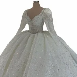 white Ball Gown Princ Wedding Dres 2024 Sweetheart Neck Lg Sleeves Vestido De Novia Lace Sequined Luxury Robe De Mariee A6OK#