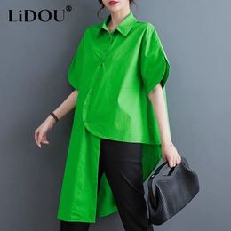 Summer Solid Color Y2K Shirt Women POLO Collar Short Sleeve Single Breasted Asymmetrical Cardigan Street Personality Tops 240308
