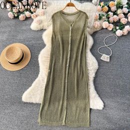 Casual Dresses OCEANLOVE Spring Summer For Women Knitting Hollow Out Solid Single Breasted Vestidos De Mujer Japan Style Robe Femme