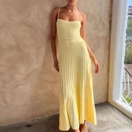 Casual Dresses 2024 Spring Summer Knitted Pleated Long Dress High Waist Sling Elegant Sleeveless Yellow Women Bodycon
