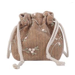 Bag Drawstring Shoulder Handbags Straw Women Lace Flower Decor Crossbody Sling Bags