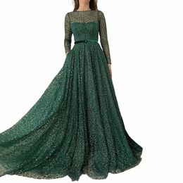 booma Emerald Green Glitter Lace Prom Dres Lg Sleeves Sheer Neckline A-Line Formal Evening Gowns Open Back Party Dres c4ls#